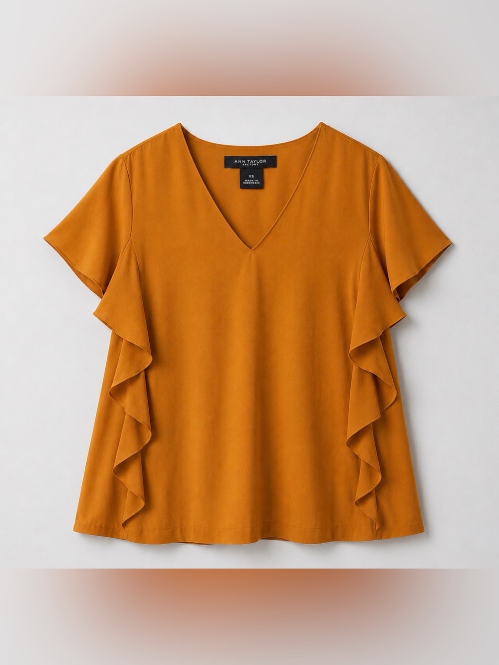 Ann Taylor Mustard Gold V-Neck Ruffle Sleeve Top